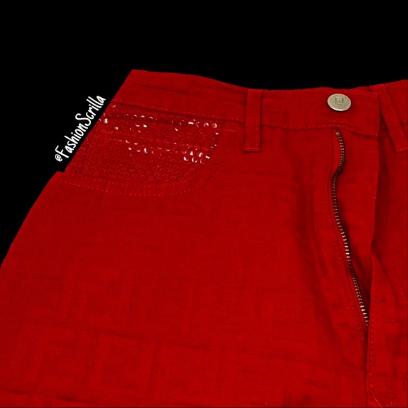 Fendi Red Zucca Monogram Logo High Waist Denim Mini Shorts - Picture 3 of 15
